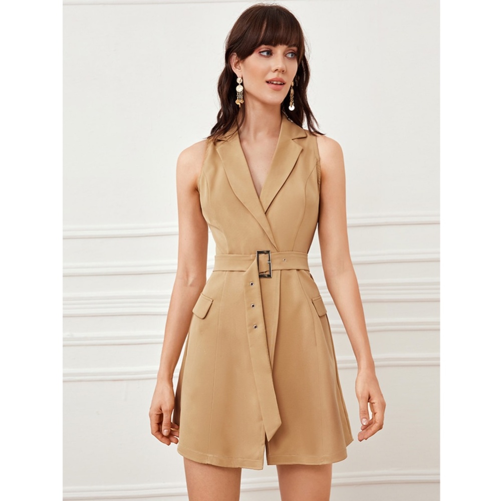 Khaki Lapel Collar Belted Blazer Mini Dress - Picture 2 of 8